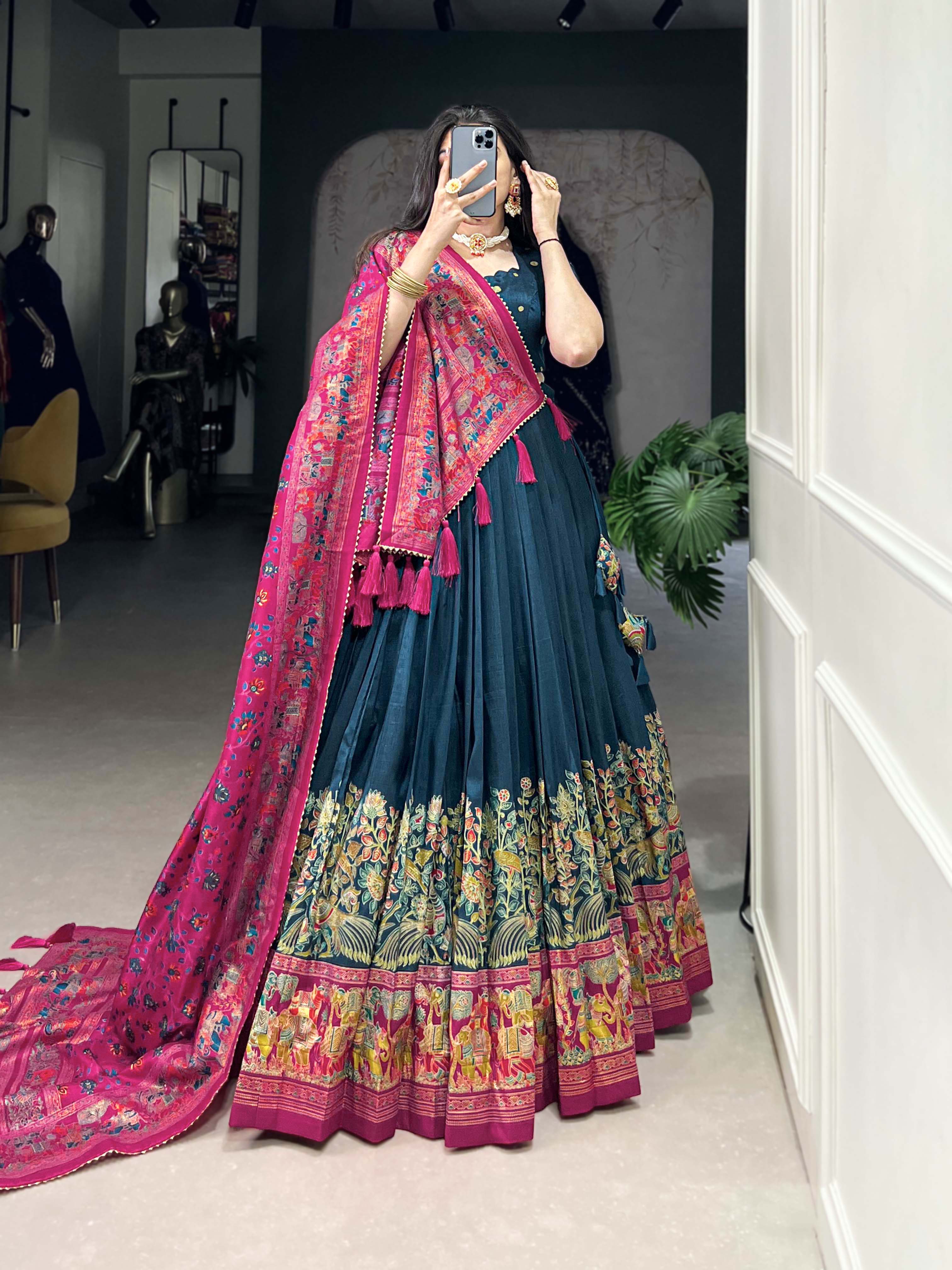 Peacock Blue Color Printed Foil Work Tussar Silk Lehenga Choli
