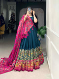Peacock Blue Color Printed Foil Work Tussar Silk Lehenga Choli