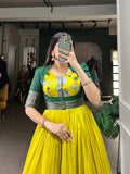 Parrot Color Kalamkari Print With Zari Weaving Border Dola Silk Gown