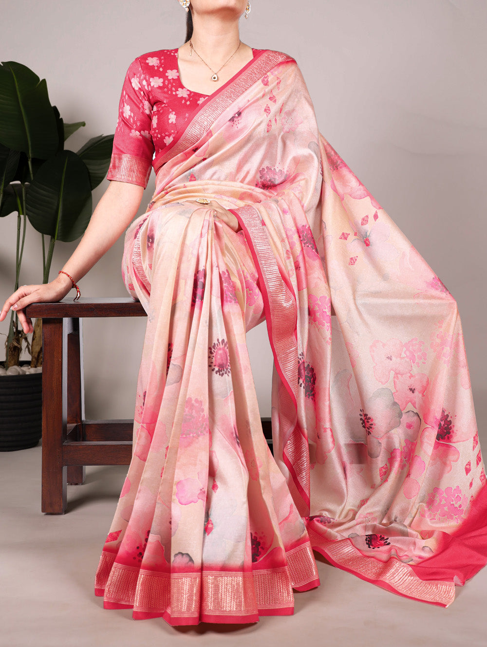 Peach saree with viscose border
