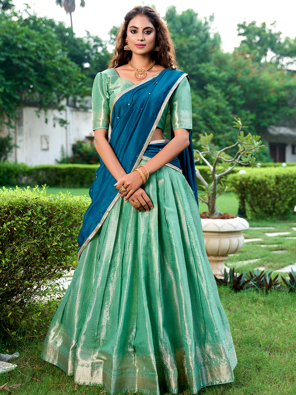 Pista Color Zari Weaving Work Kanchipuram Lehenga Choli