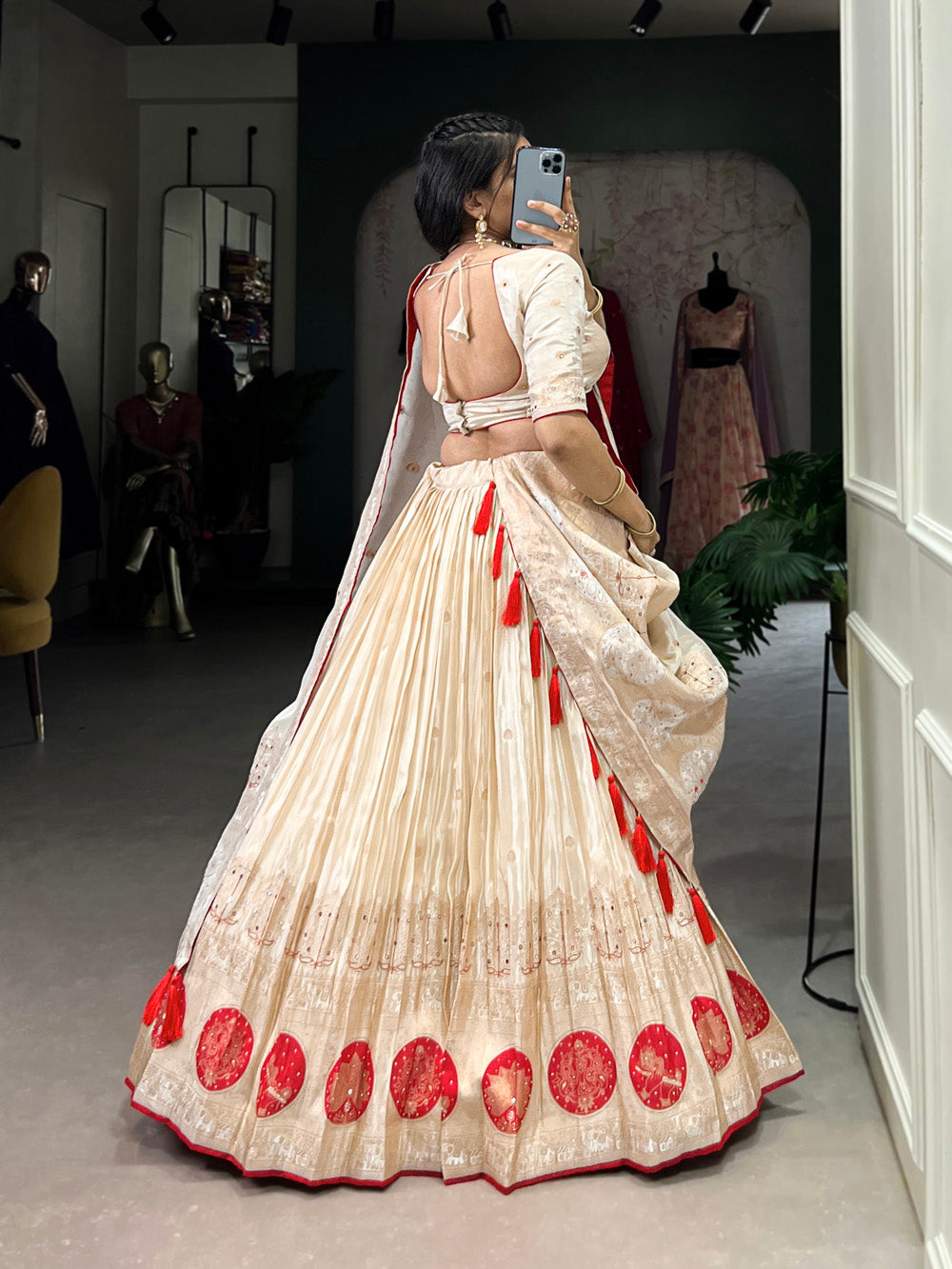Red Color Mirror And Bids (Moti) Handwork Shimmer With Weaving Work Lehenga Choli
