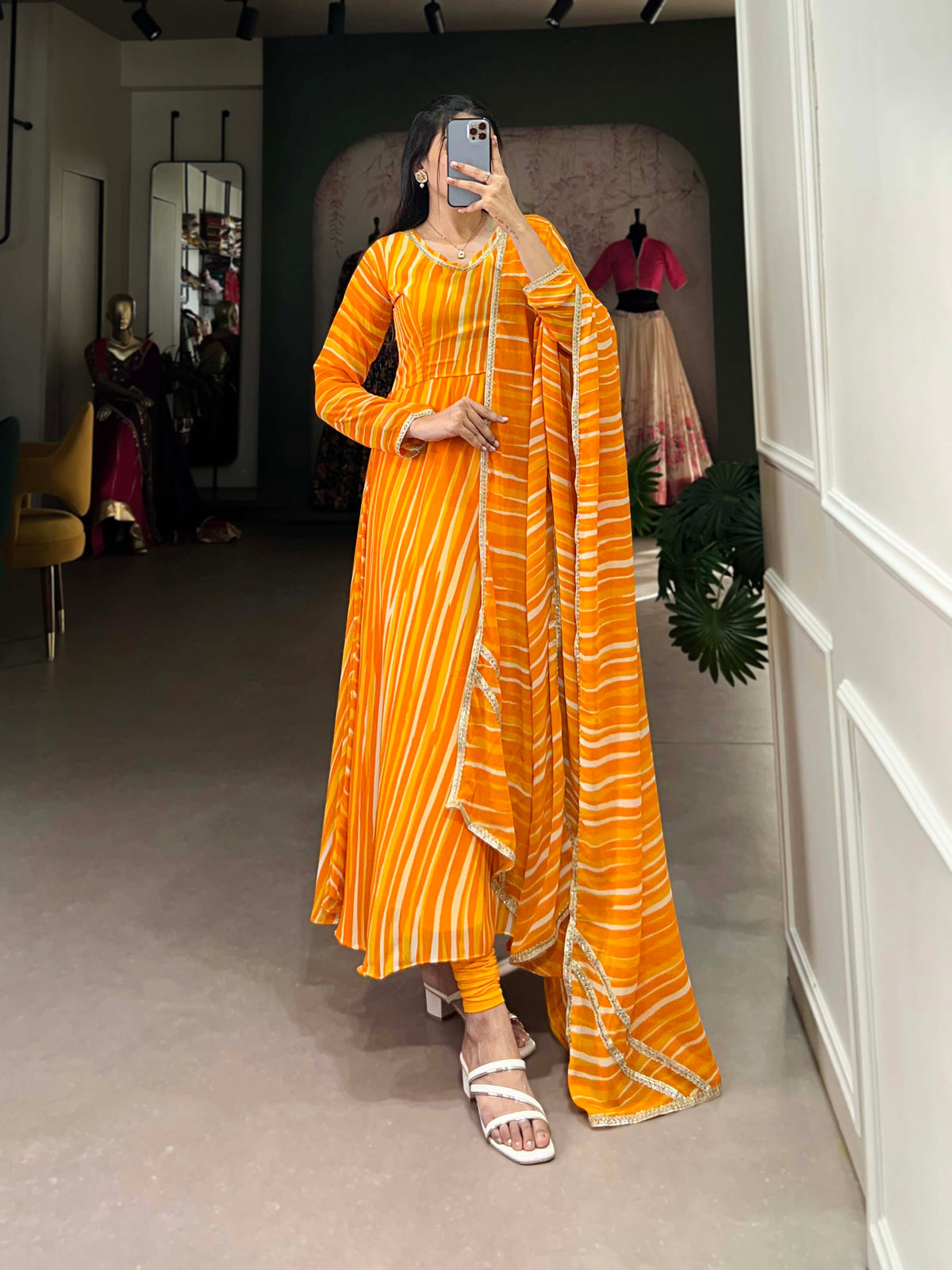 Yellow Color Leheriya With Lace Touch Up Georgette Gown