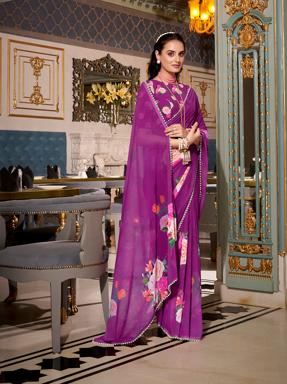 Elegant purple printed saree for weddings