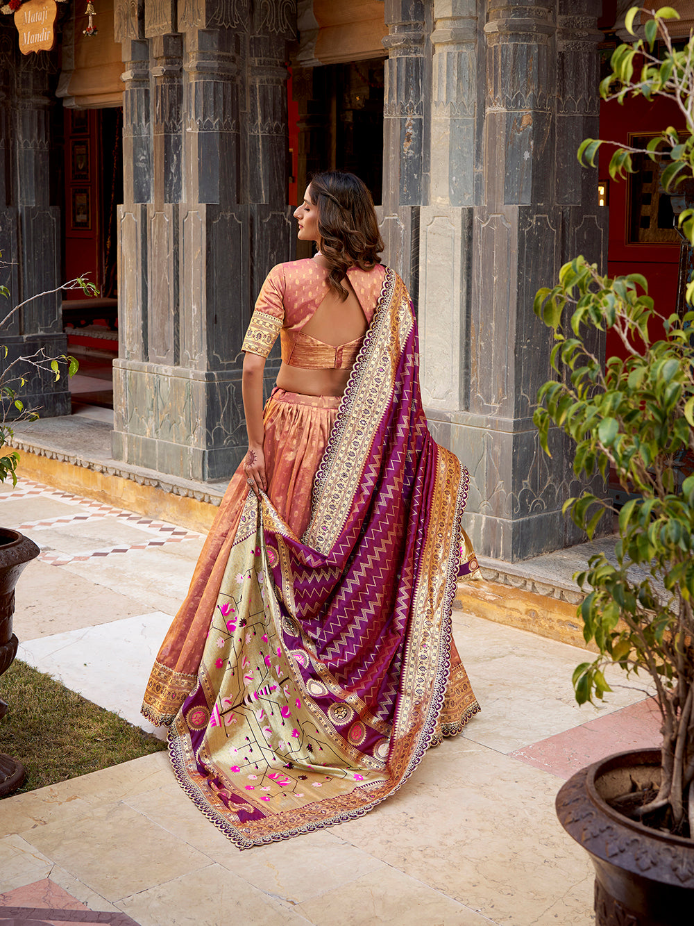 Peach Color Wedding Wear Simmer Organza Lehenga