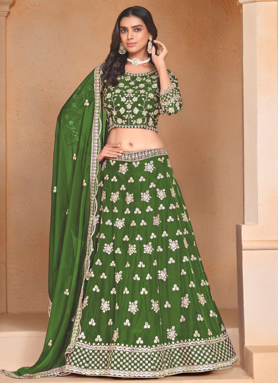 Green organza party wear lehenga with embroidery work