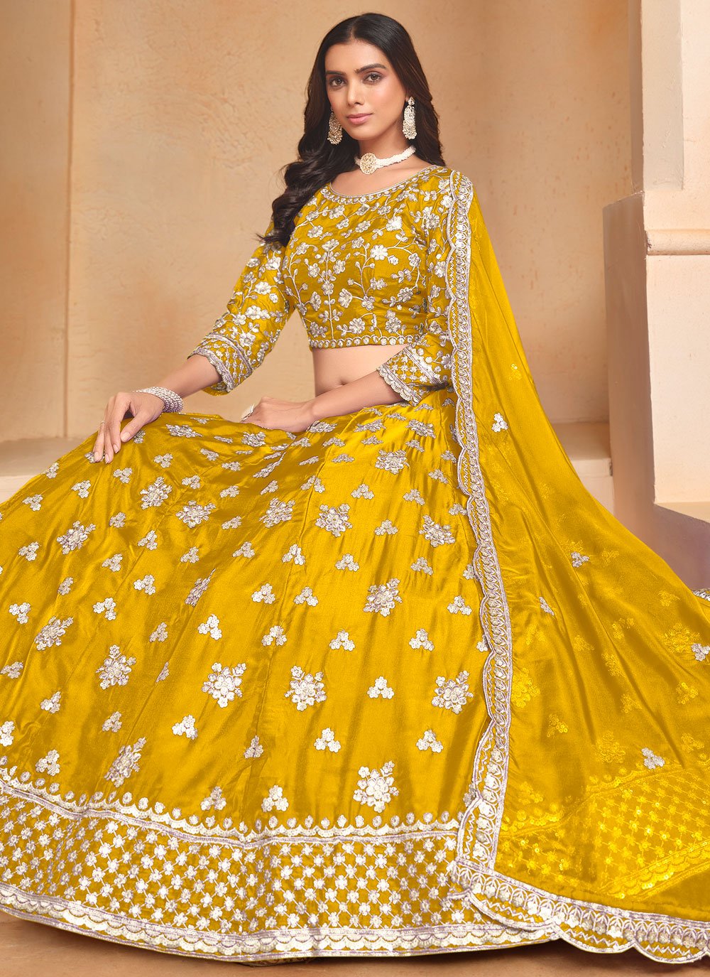 Embroidered yellow lehenga with matching dupatta