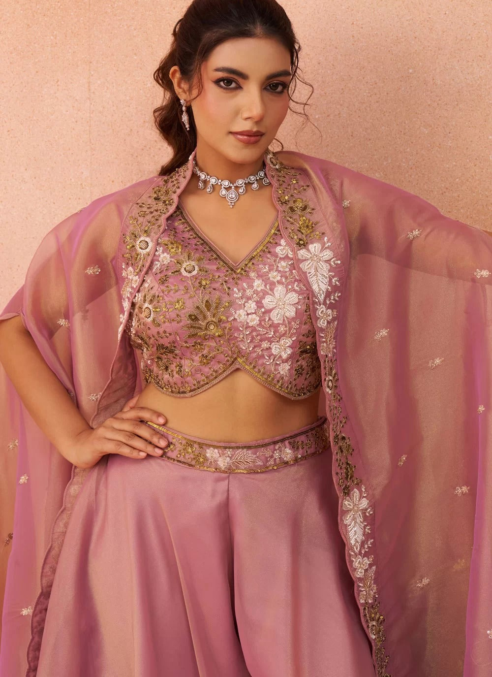 Feminine pink fusion outfit for engagement celebrations