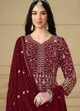 Maroon embroidered faux georgette Eid Pakistani Anarkali suit with dupatta