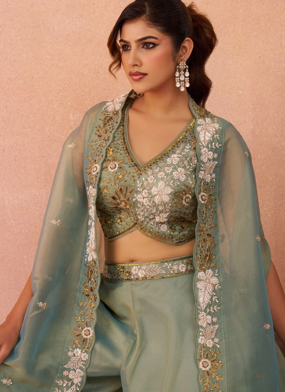 Pista green flared palazzo set with beads embroidered cape