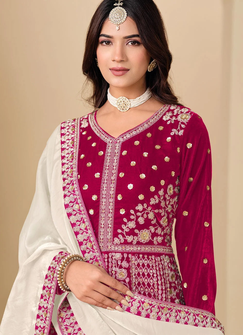 Rani Pink velvet Anarkali suit with embroidery work