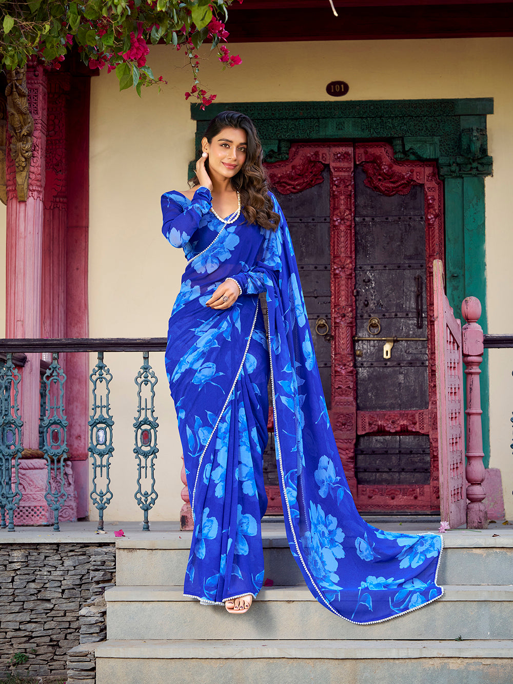 Elegant blue chiffon saree for office parties