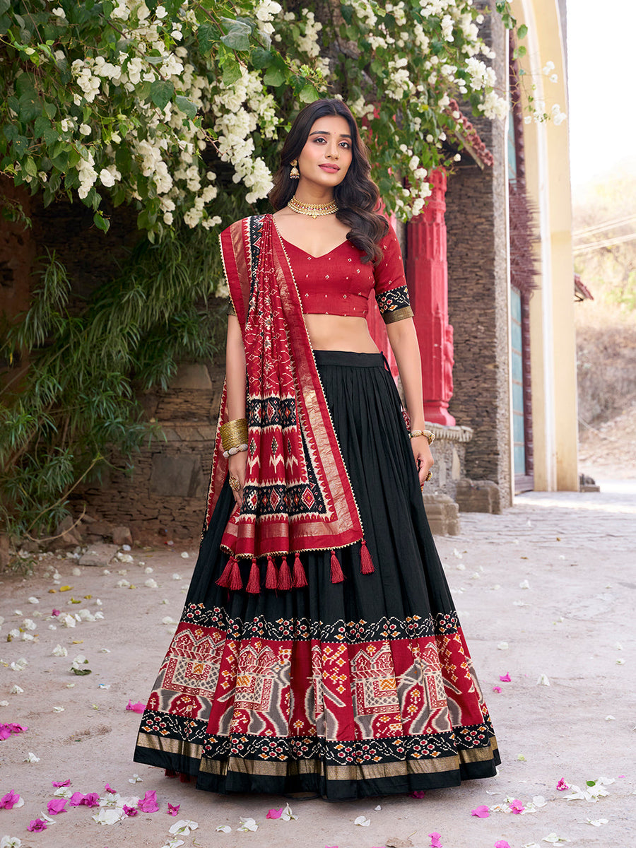 Black Color Patola Printed Tasar Silk Lehenga Choli