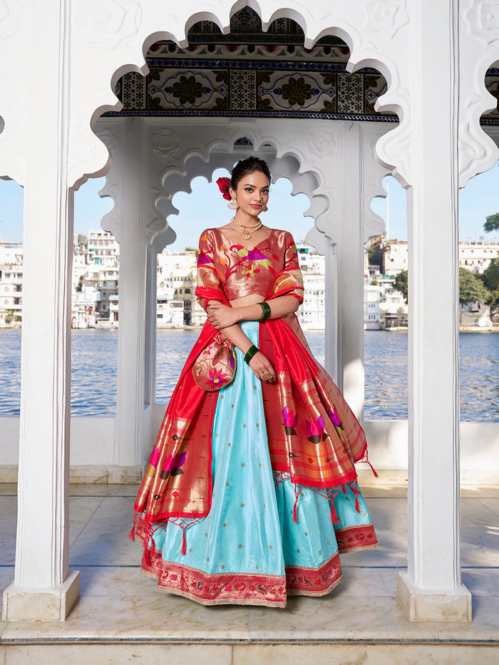 Sky blue jacquard silk lehenga choli with zari weaving
