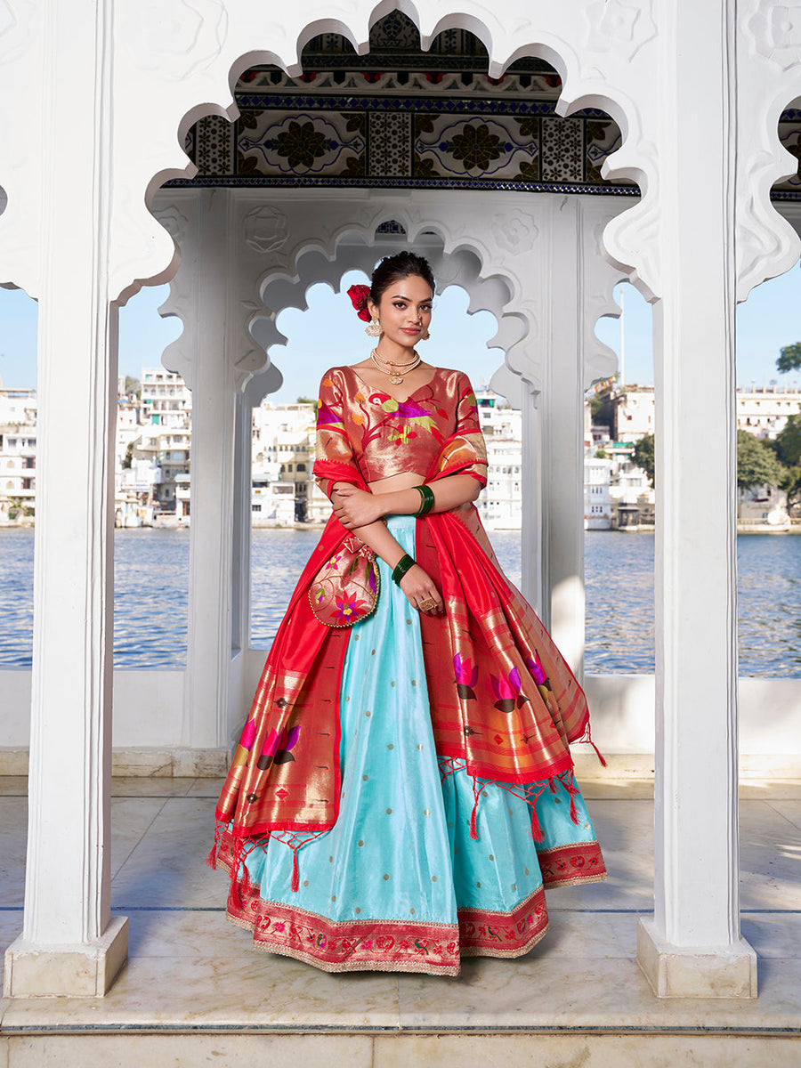 Sky blue jacquard silk lehenga choli with zari weaving