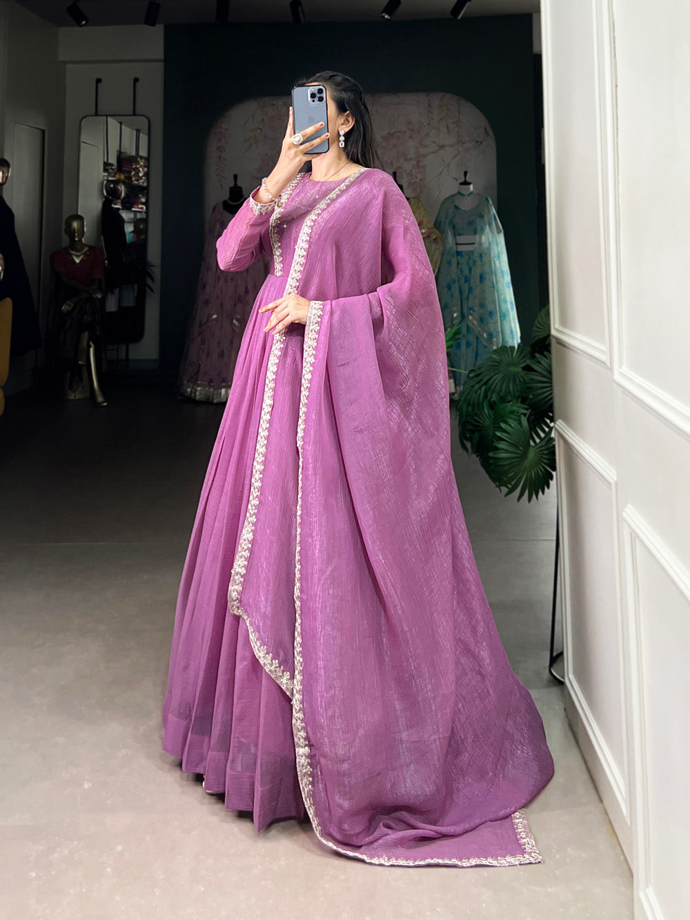 Lavender Color Hotfix With Sequince Lace Border Silver Glory Gown