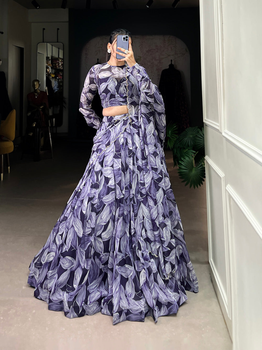Navy Blue Color Printed With Hotfix Tubby Silk Lehenga Choli