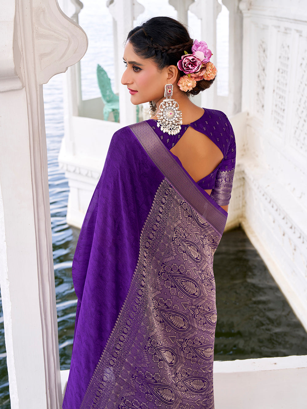 Office party wear purple Chinon saree