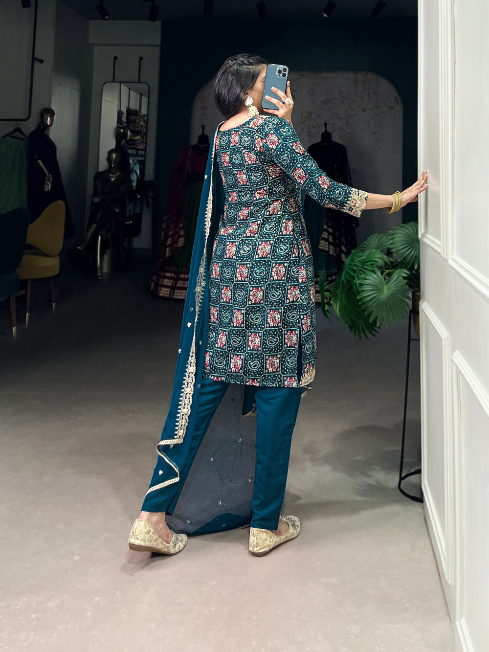 Teal Color Printed With Sequins and Thread Embroidery Work Rayon Salwar Suit