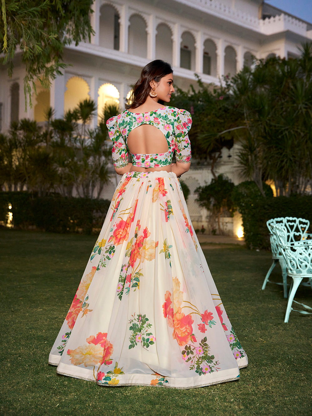 Unstitched cream choli fabric with lehenga