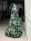 Green Color Floral Print With Lace Border Marbel Gown