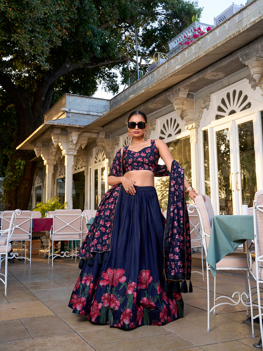 Navy Blue Color Floral Print With Foil Work Tussar Silk Lehenga Choli