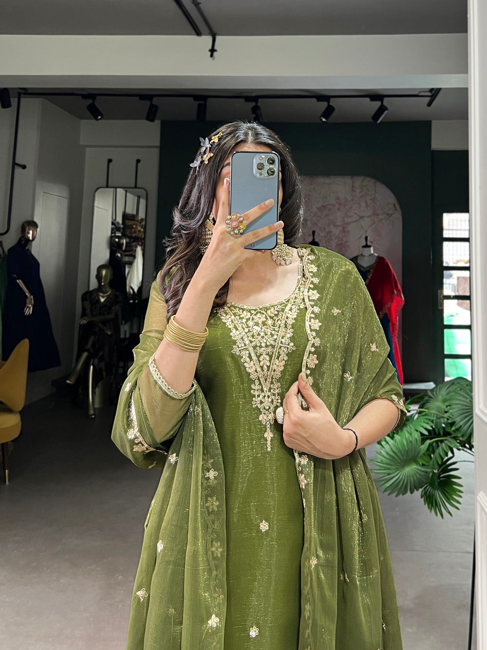 Olive Green Color Sequins And Thread Embroidery Work Gold Coin Salwar Suit