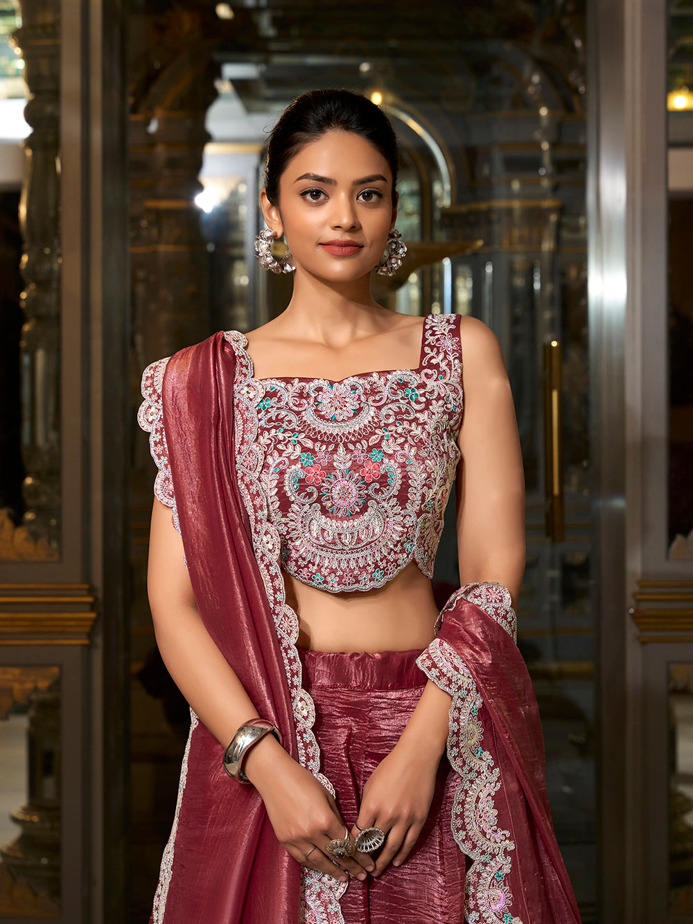 Crimson Color Sequins And Thread Embroidery Work Gold Crush Lehenga Choli