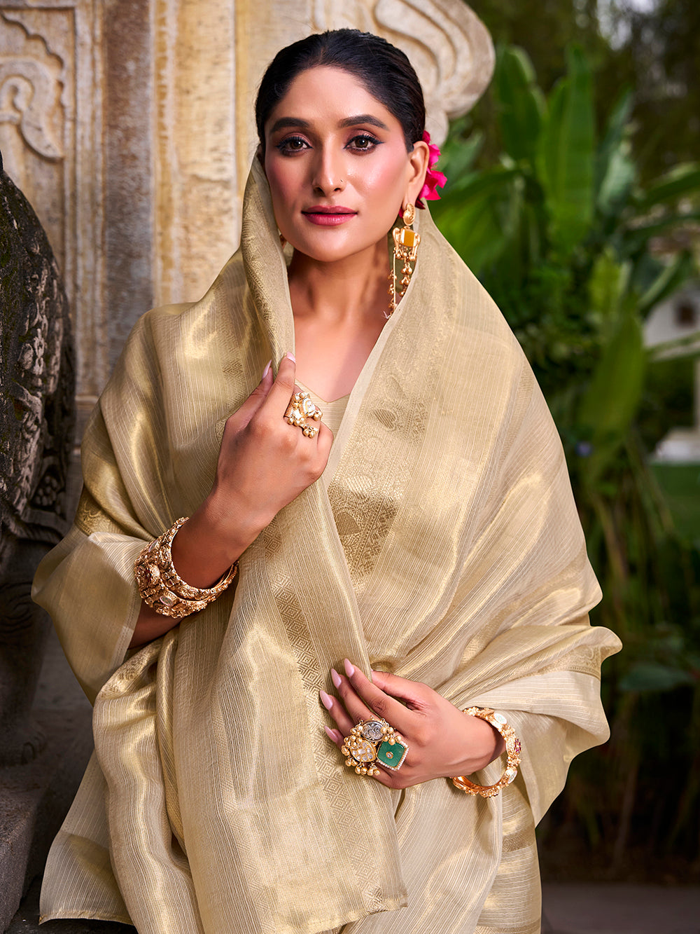 Zari weaving off white festive saree