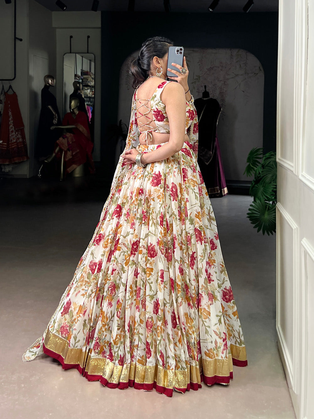 White Floral Print Dupatta with Lace Border