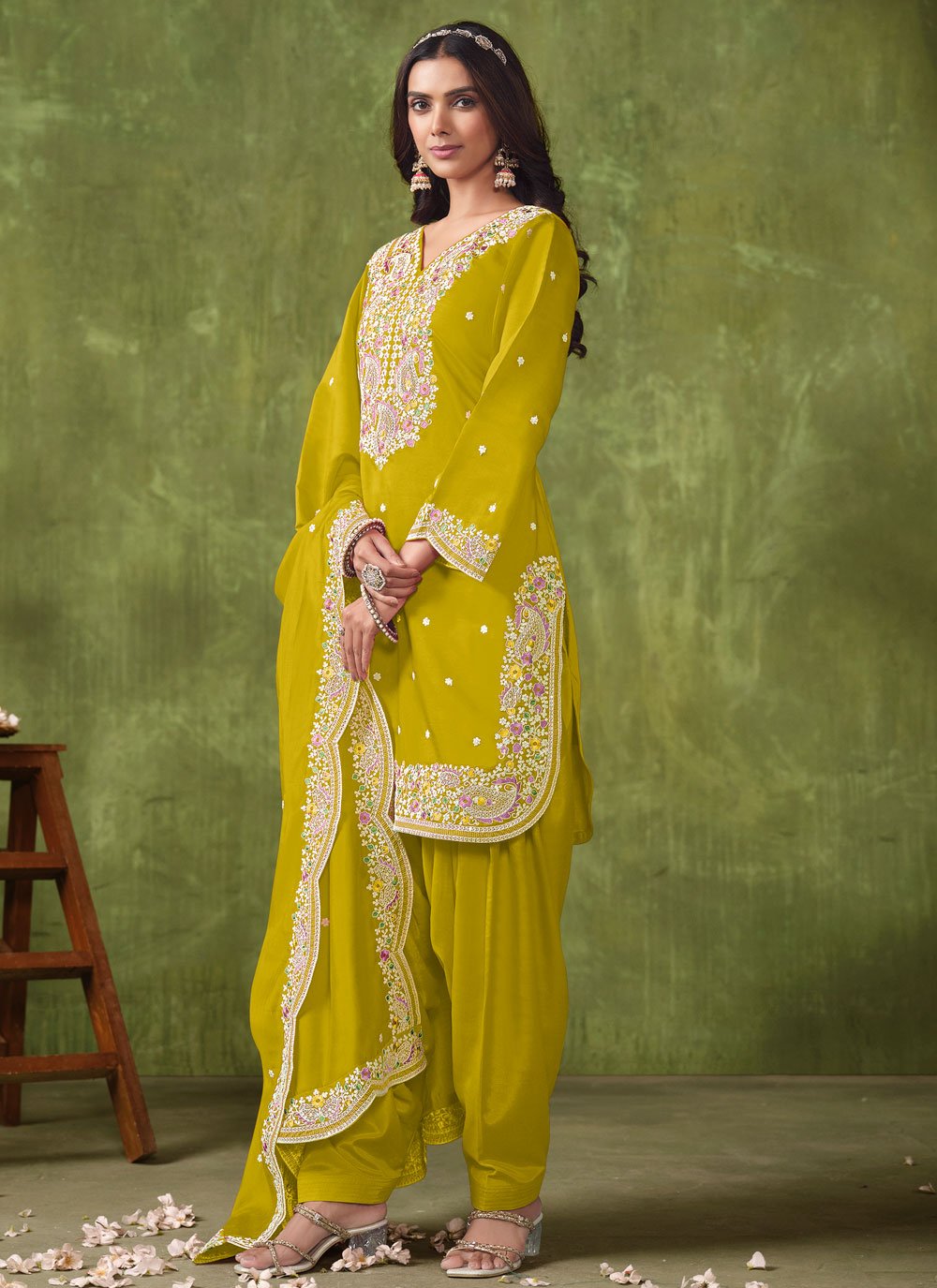 Festive Wear Green Roman Silk Embroidered Patiyala Suit