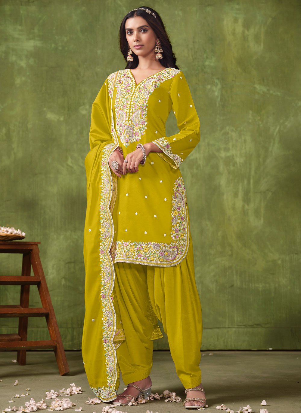 Festive Wear Green Roman Silk Embroidered Patiyala Suit