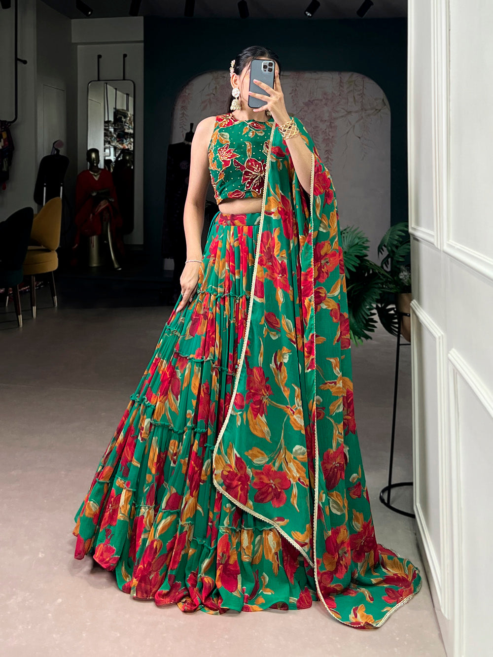 Green Color Floral Printed Marbel Chaniya Choli