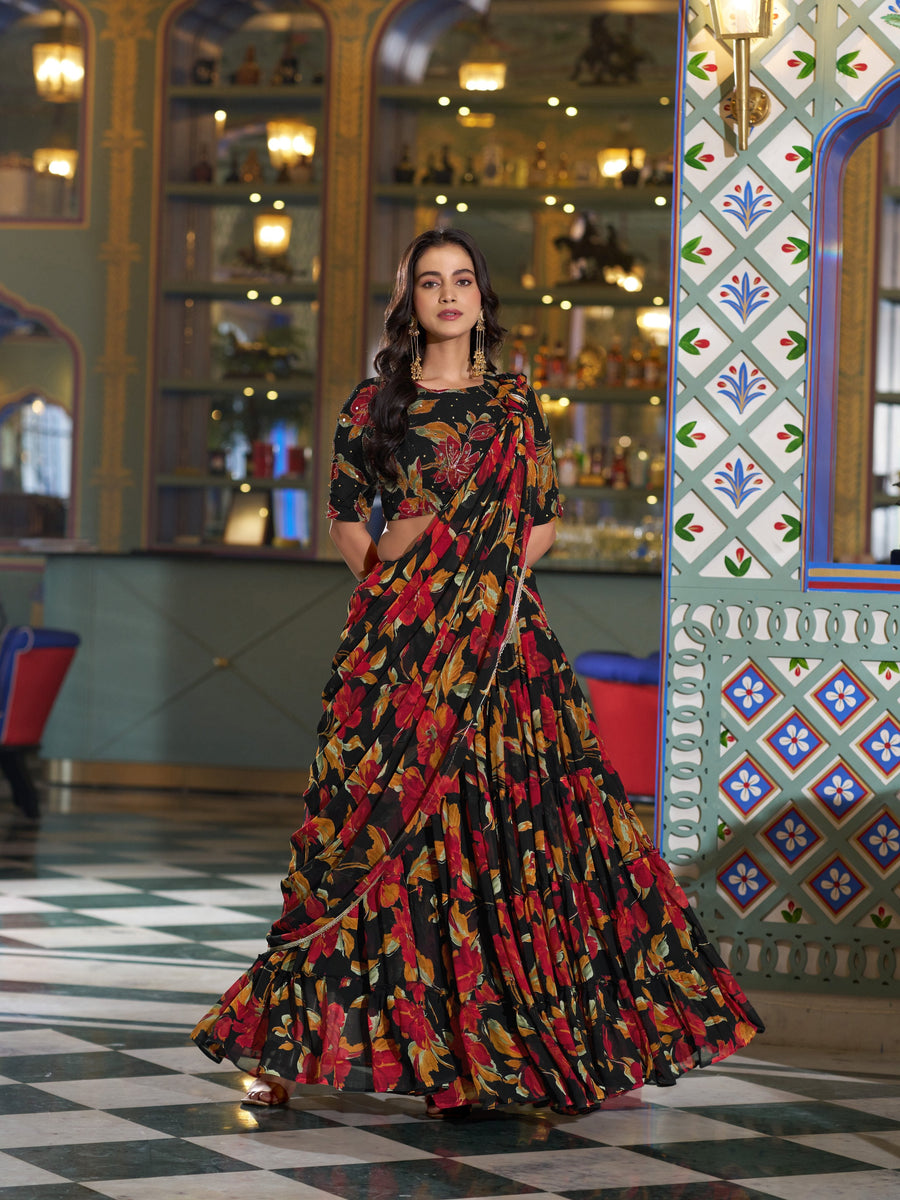 Black Color Floral Printed Marbel Chaniya Choli