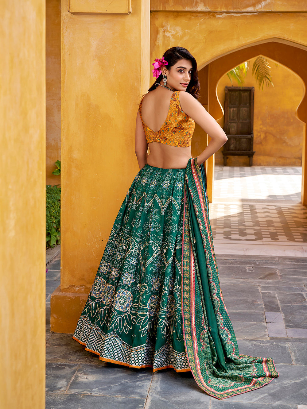 bottle green wedding guest lehenga