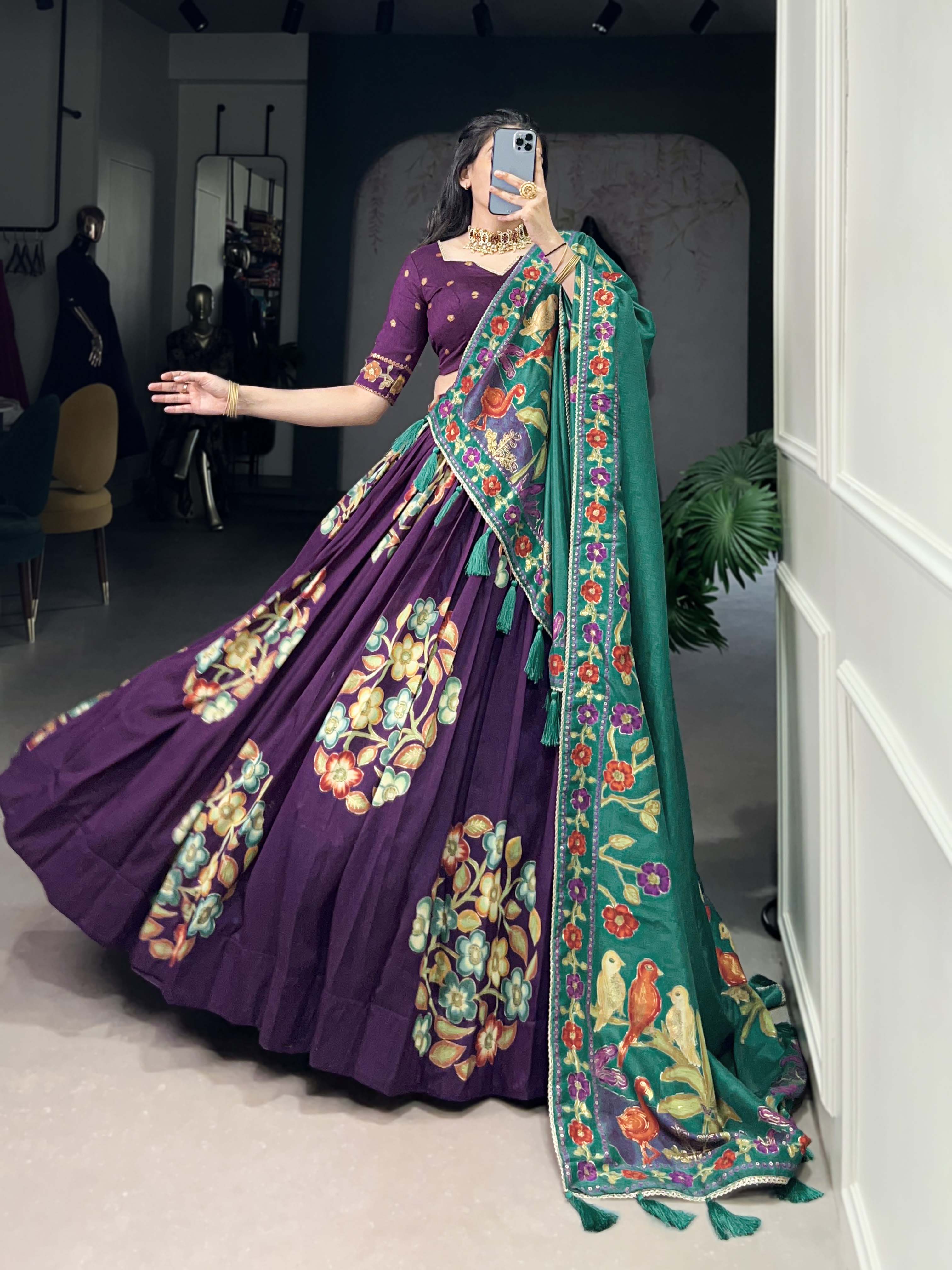 Purple Color Printed And Foil Work Tussar Silk Lehenga Choli