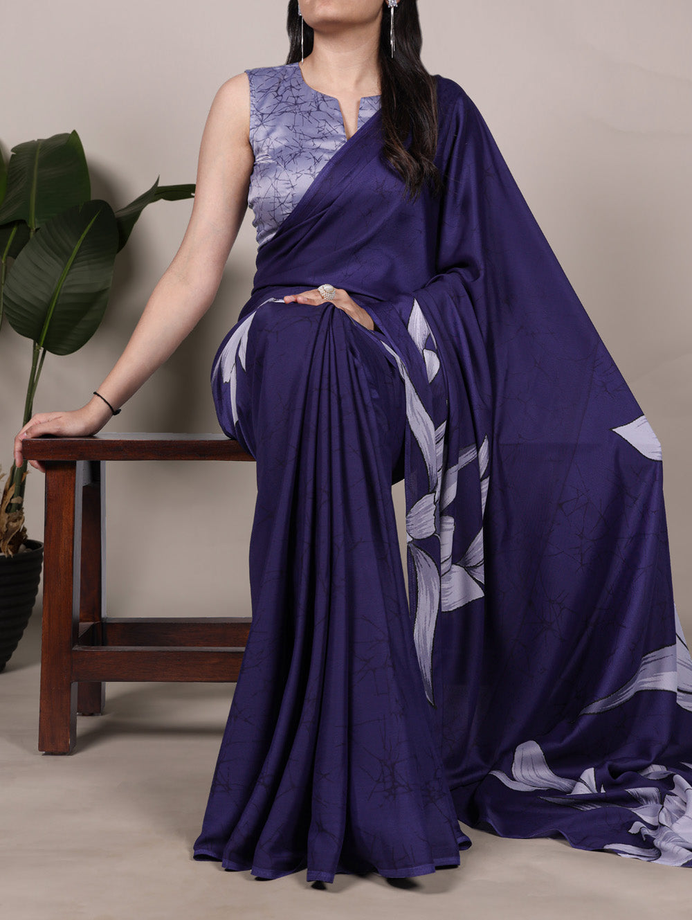 Navy blue satin silk saree with floral print