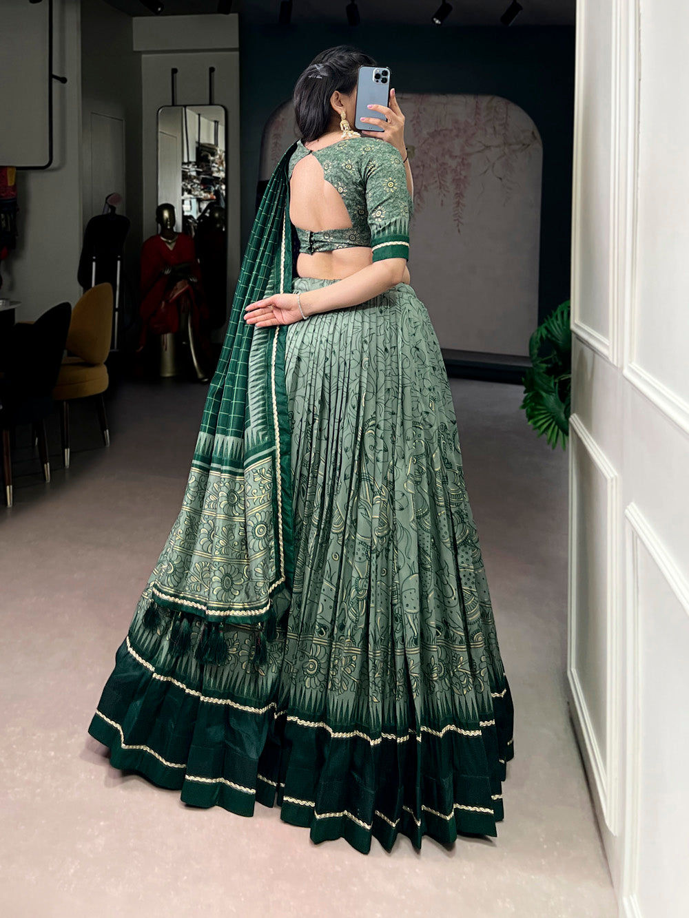 Green Color Kalamkari Printed Lehenga Choli