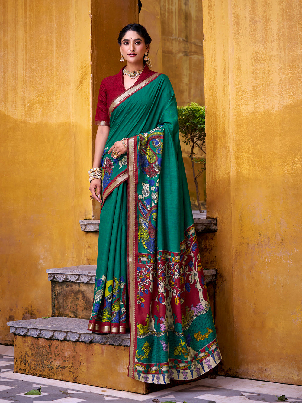 Firozi kalamkari print chanderi saree