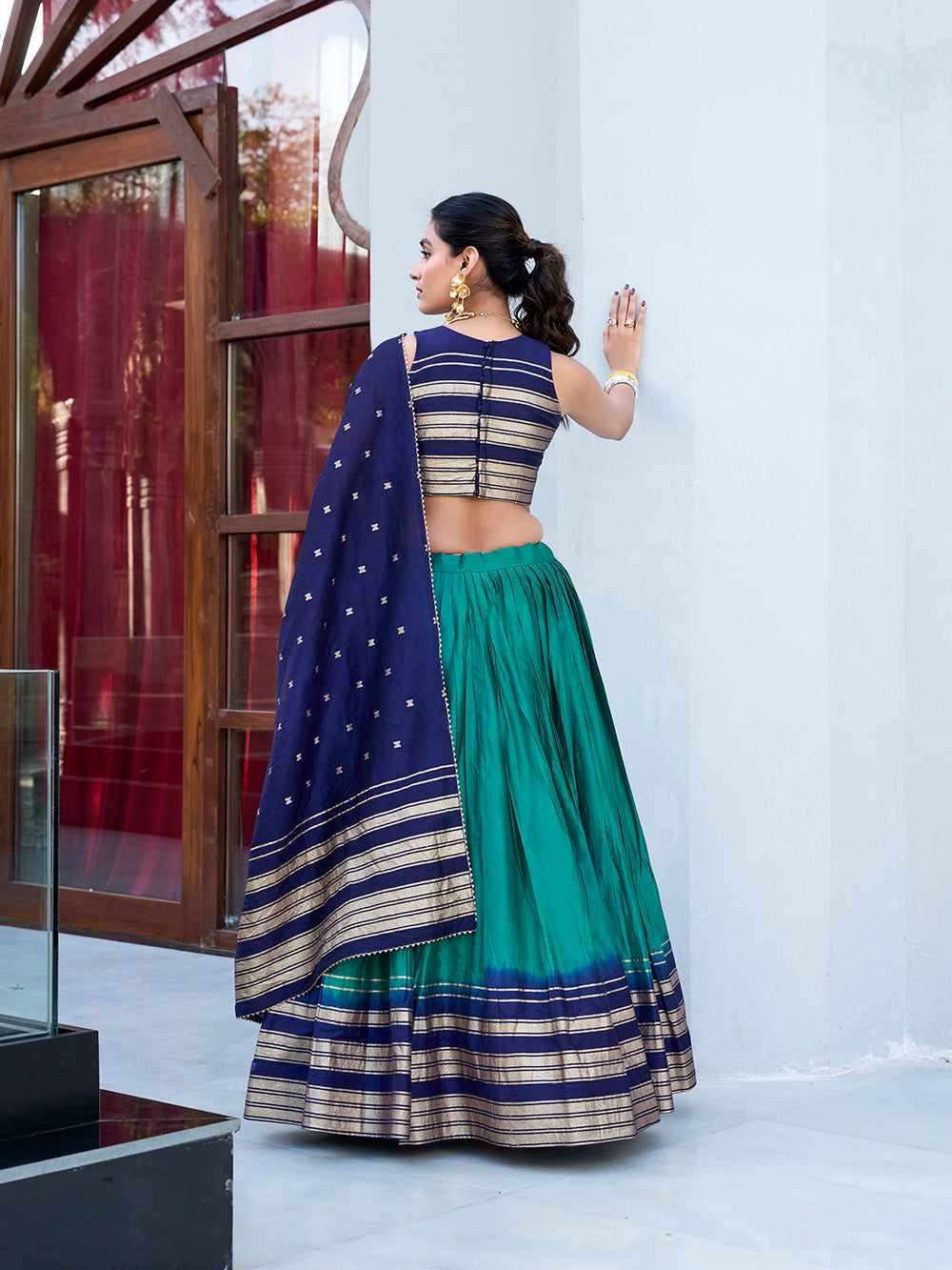 Firozi Color Plain With Zari Weaving Work border Pure Chanderi Lehenga Choli