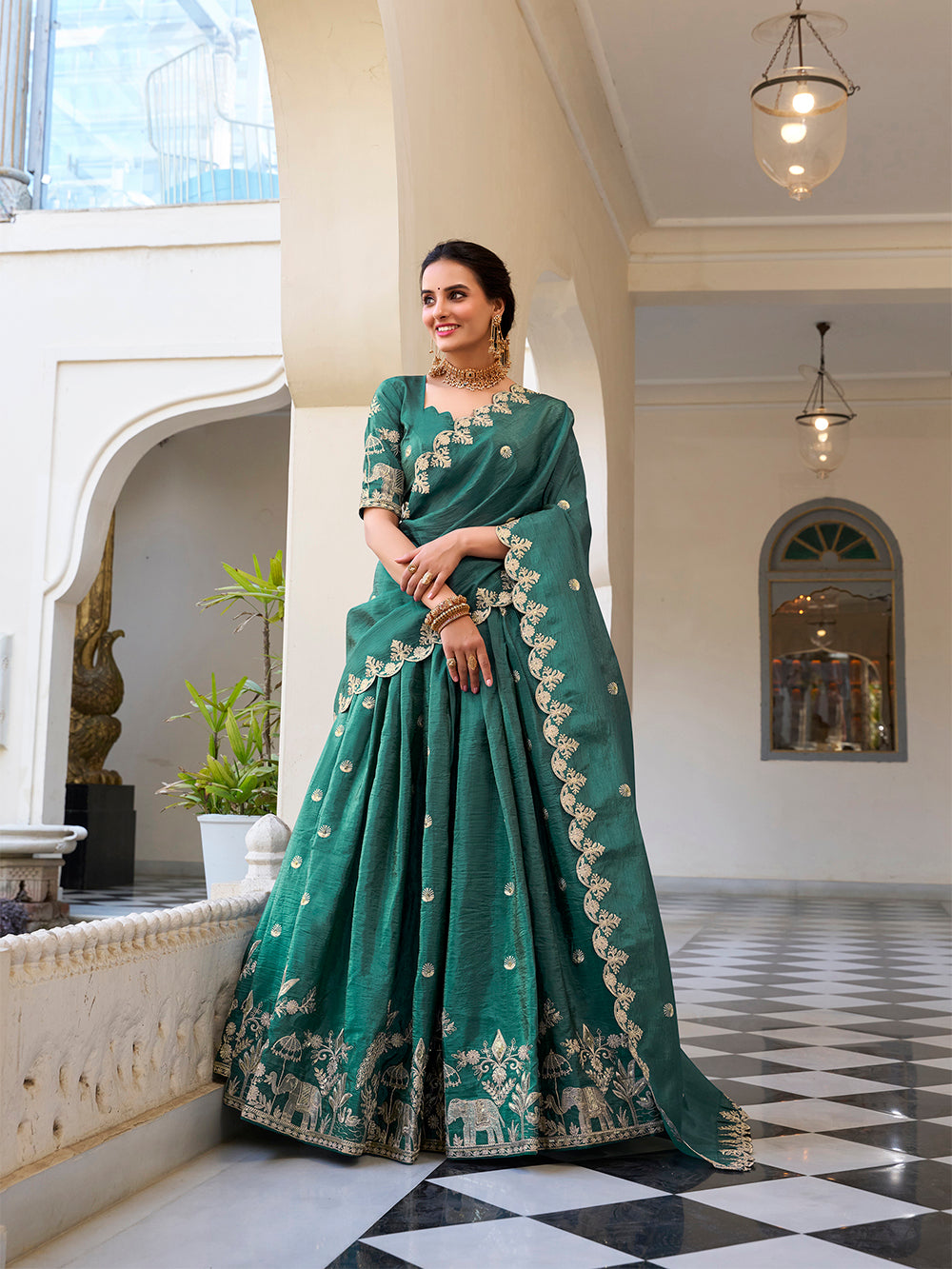 Teal Color Sequins and Thread Embroidery Work Gold Crush Lehenga Choli