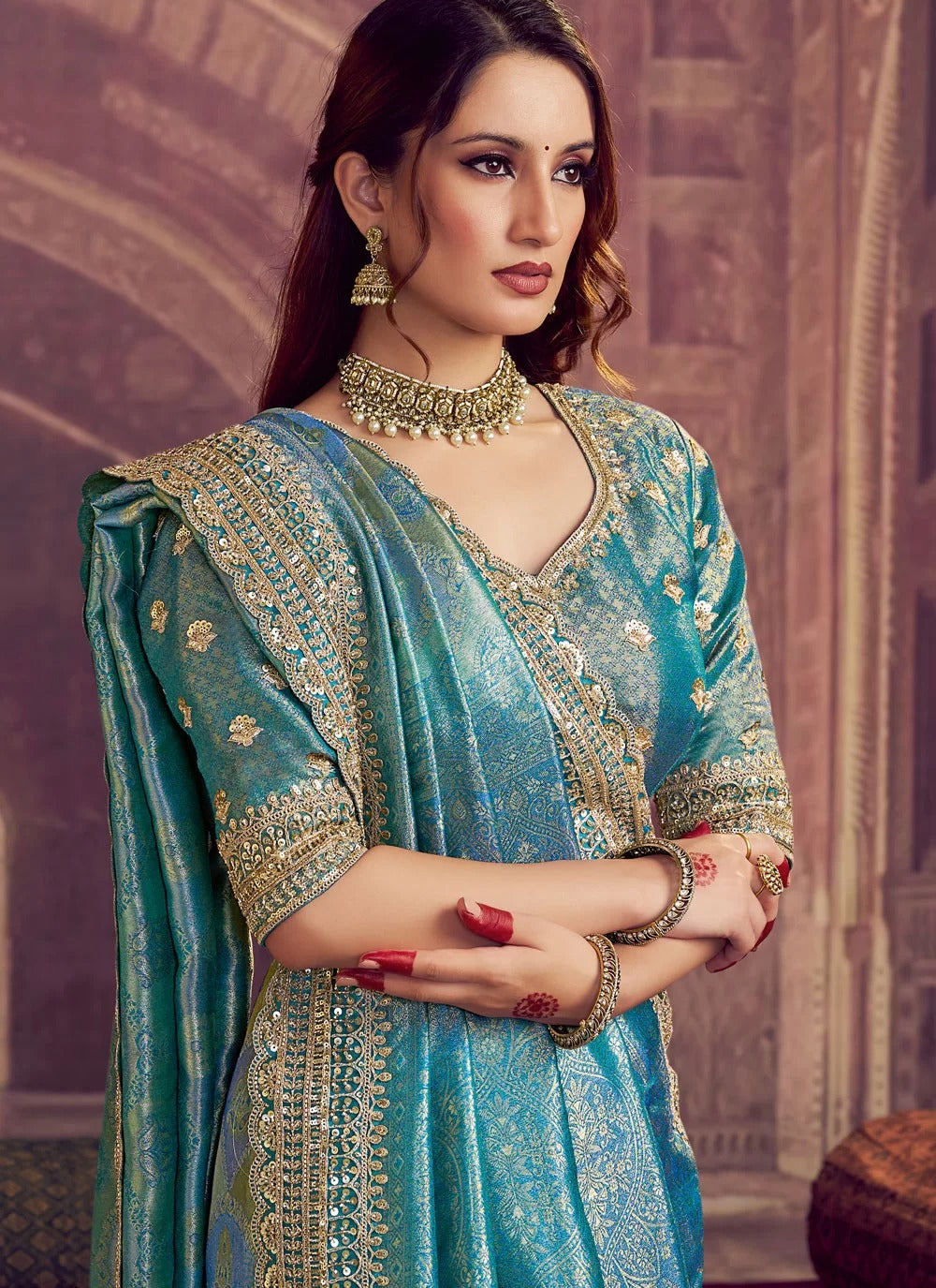 Firozi Kanjivaram Pure Zari Silk Wedding Saree with Meena & Handwork