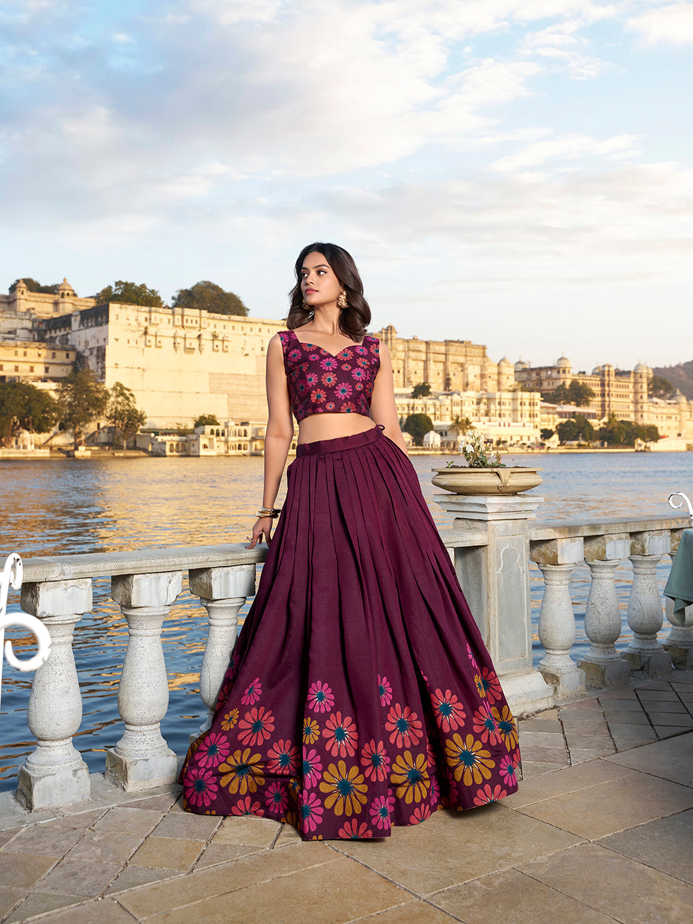 Wine Color Floral Print With Foil Work Tussar Silk Lehenga Choli
