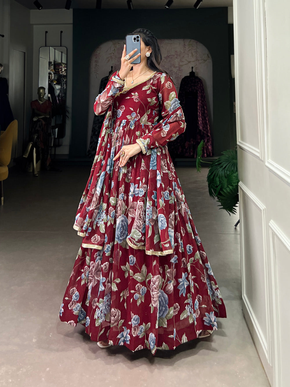 Maroon Color Floral Print With Lace Border Marbel Gown