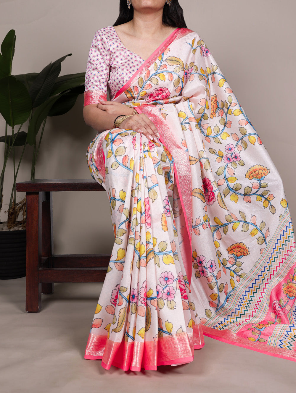Off white floral printed Tasar silk saree