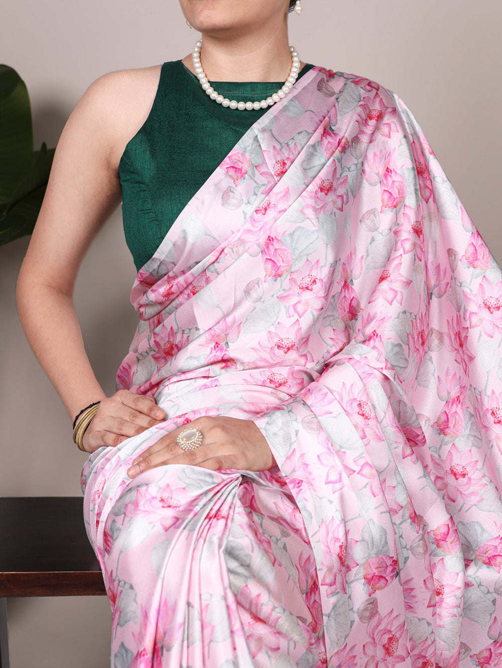 Floral print satin silk saree