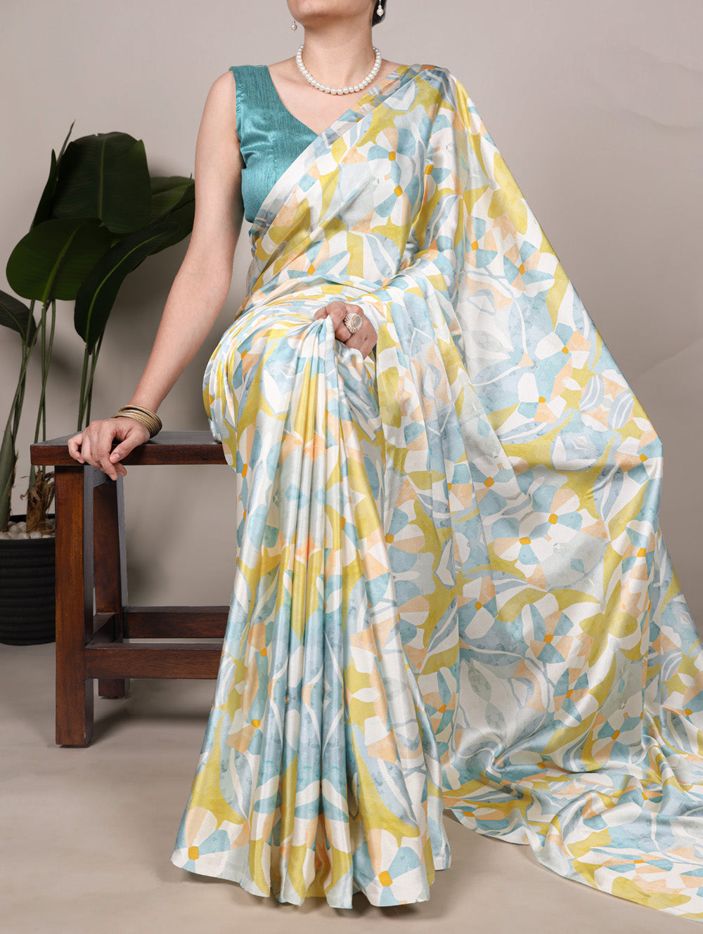 Satin silk saree with sea green blouse