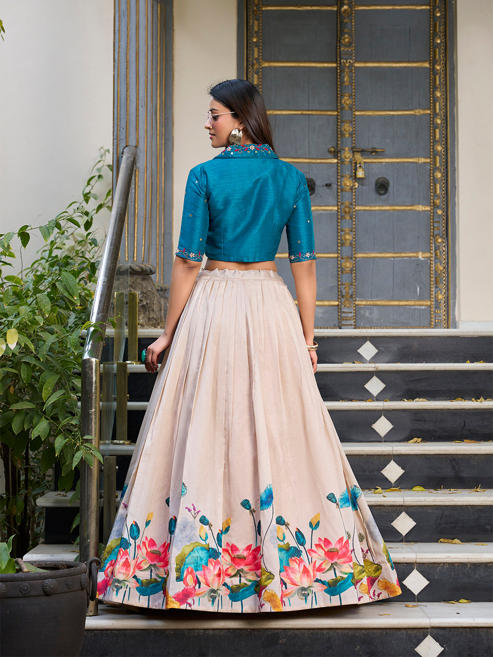Off White Color Floral Printed Tussar Silk Co-ord Set Lehenga Choli