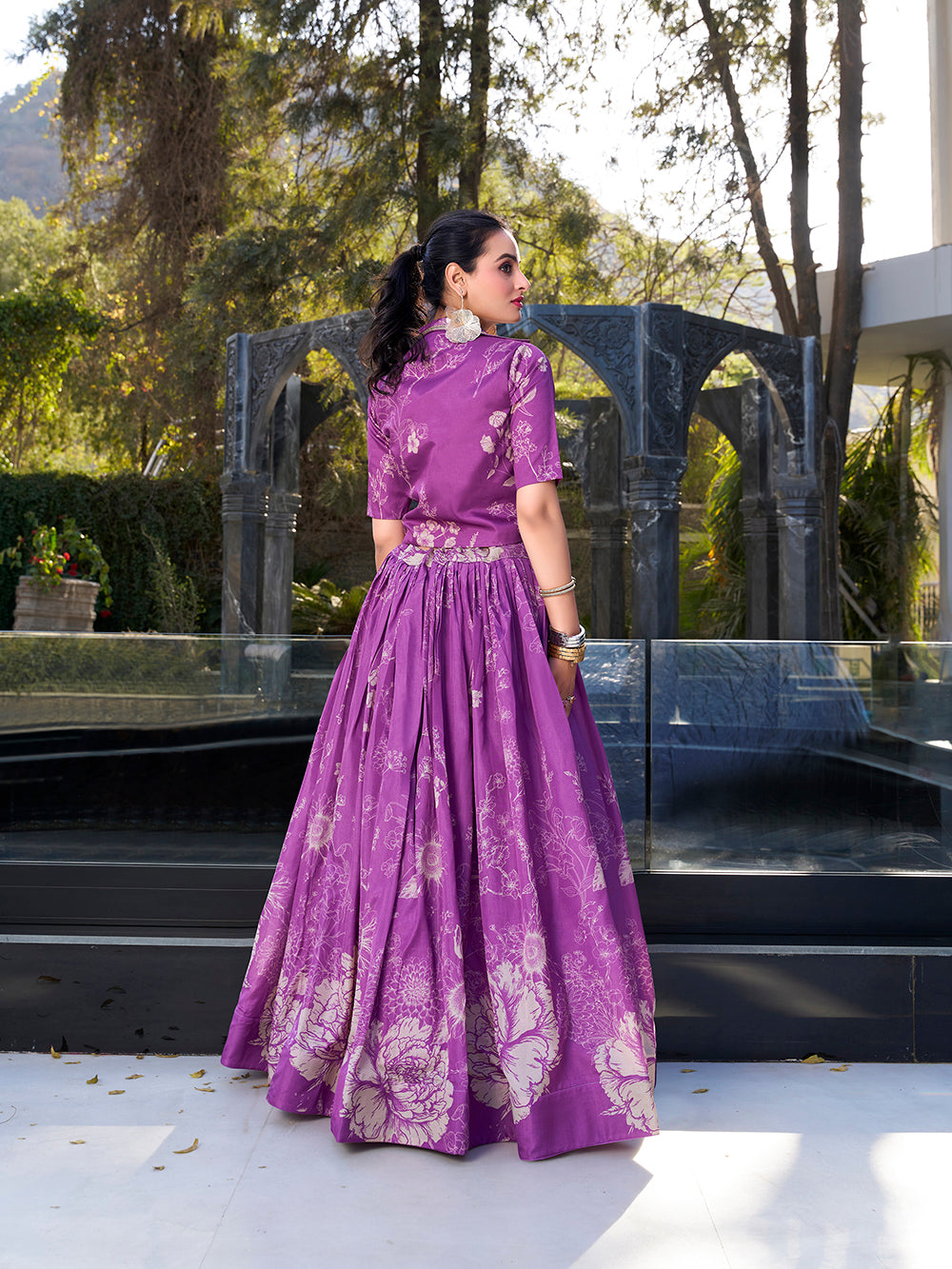 Purple Floral Print Tussar Silk Co-ord Set lehenga Choli
