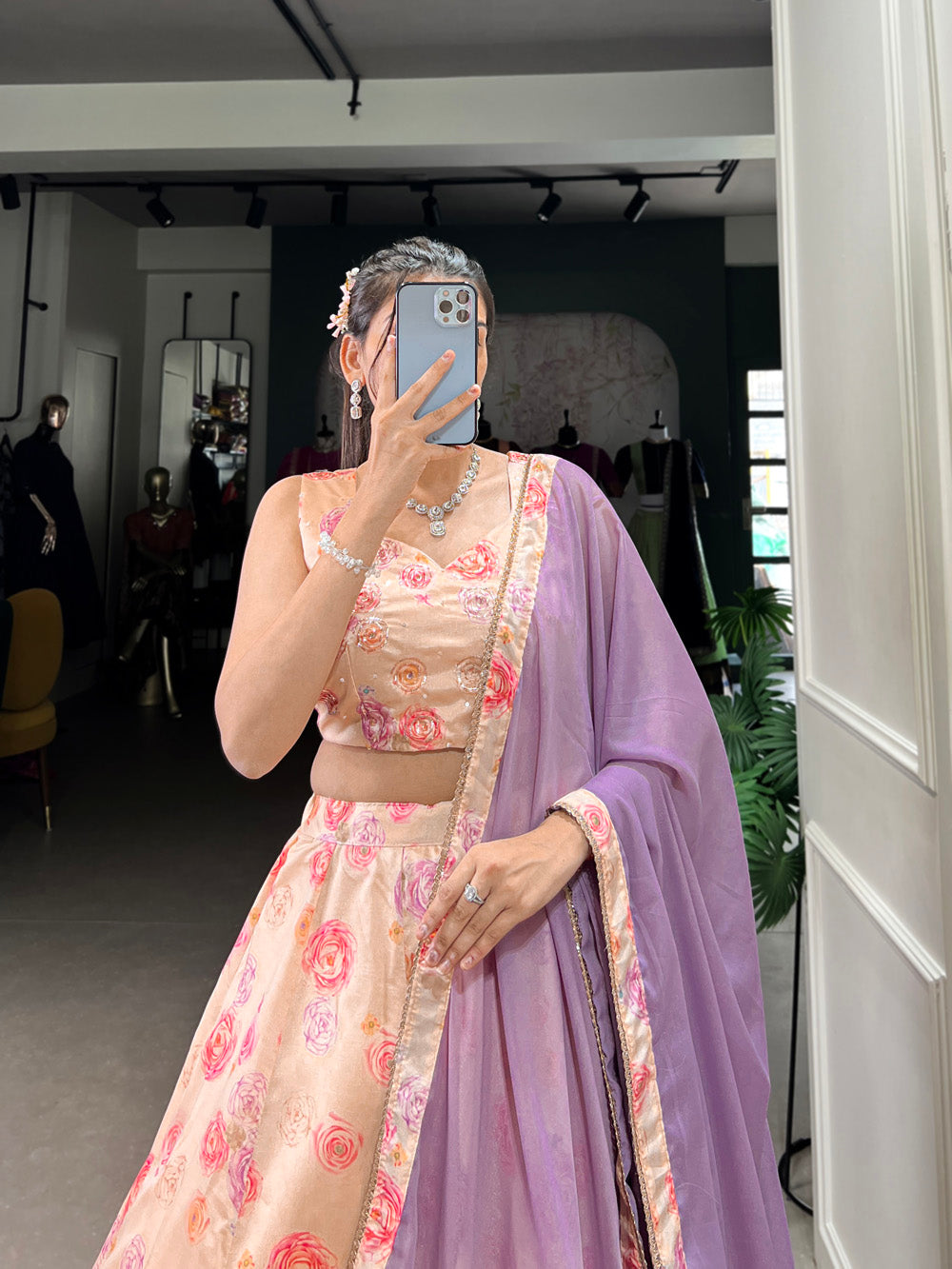 Peach Color Tussar Silk Floral Print With Handwork Lehenga Choli